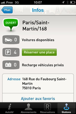 Borne de recharge Autolib sur l'application iPhone