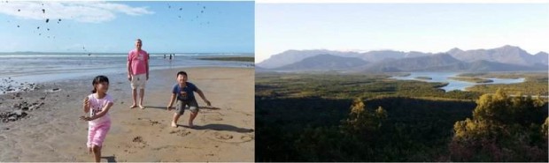 Pause à Balgal Beach (gauche) Vue de l'île de Hinchinbrook (droite)