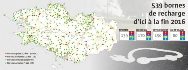 La carte du déploiement des bornes de recharge en Bretagne en 2016