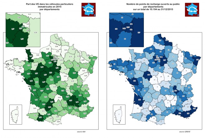Taux de pénétration de véhicules électriques par département VS nombre de bornes déployées