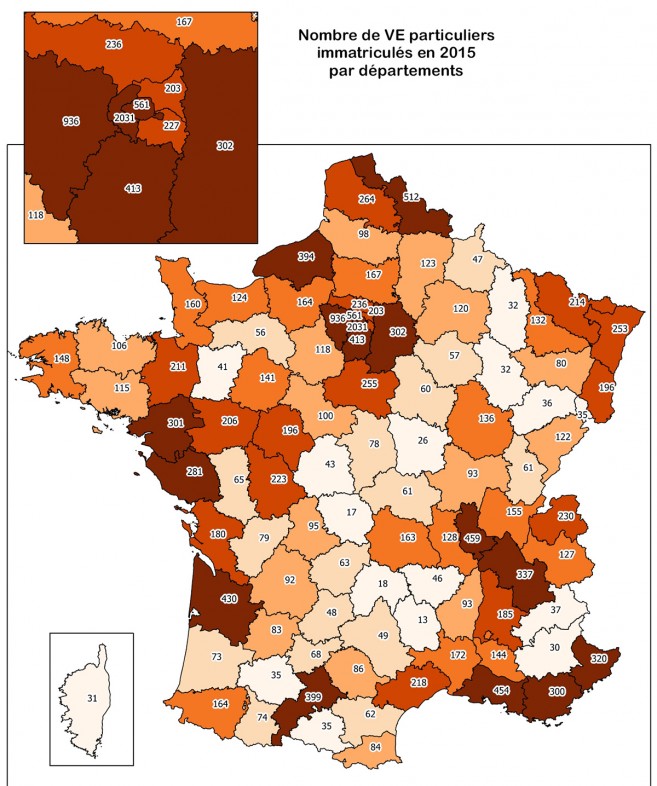 Nombre de véhicules électriques vendus par département en 2015